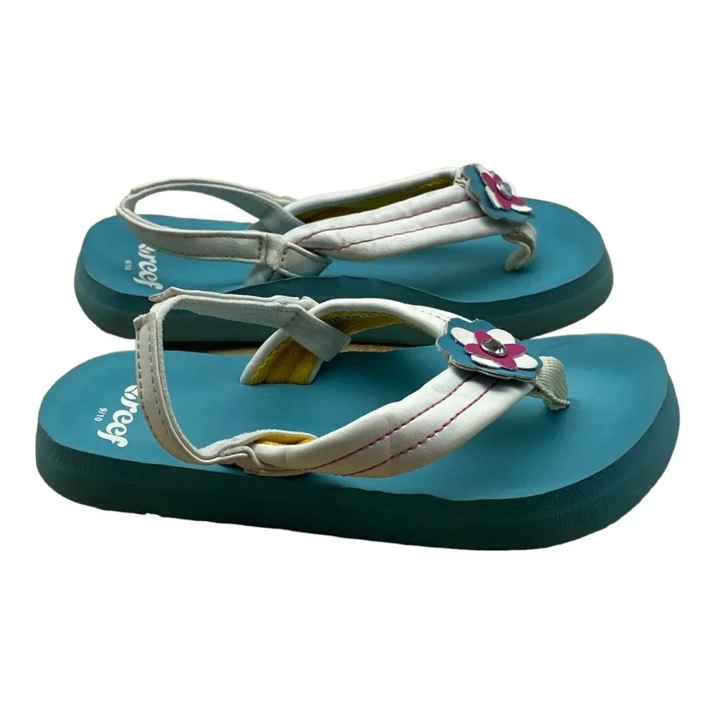 Reef Girl Light Blue Ankle Strap Little Ahi‎ Floral Flip Flop Sandals Sz 9/10